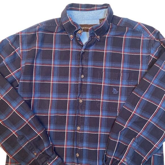 Bit & Bridle Navy Red Plaid Long Sleeve Button Up Shirt Men Size Medium - Picture 4 of 11
